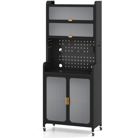 Credenza  Mobile autonomo in metallo per angolo caffè con ampio piano di lavoro, Armadio cucina per sala da pranzo Nero