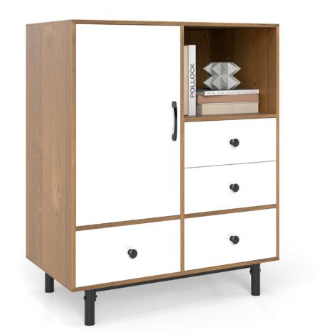 Credenza  Mobile contenitore moderno metà secolo con 4 cassetti e scomparto aperto, Buffet sideboard in metallo robuste per soggiorno Bianco