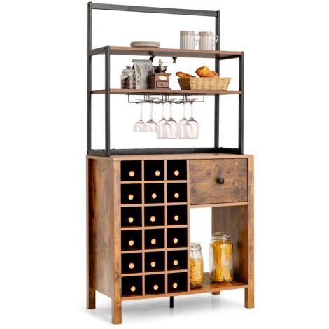 Credenza  Mobile da cucina autoportante con portabottiglie e cassetto, Scaffale per pasticceria con portabicchieri Marrone