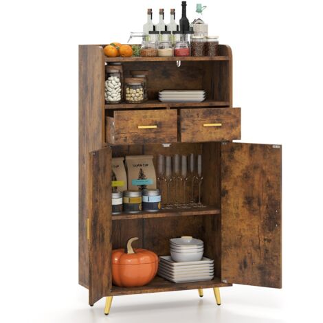 Credenza  Mobile dispensa 113 cm con ante 2 cassetti e ripiano regolabile per bagno, Armadio da cucina sala da pranzo soggiorno Marrone
