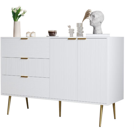 Credenza, mobile soggiorno con ante e cassetti, ripiani interni, cassettiera con maniglie e piedini dorati