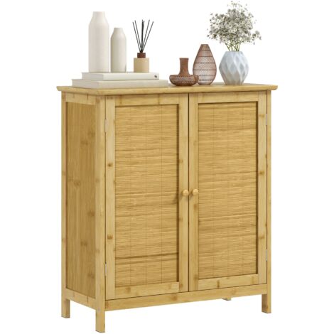 Credenza Mobile Soggiorno in Stile Boho 2 Ante in Rattan e Bambù 60x27x67,5 cm