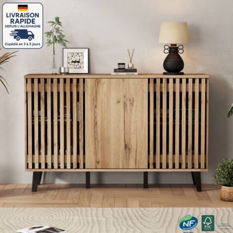 Credenza / Mobiletto da ingresso - 150 x 40 x 95 cm - Ampio mobiletto a 3 ante con 6 scomparti - Scandinavo - Texture in legno naturale - Legno certificato PEFC