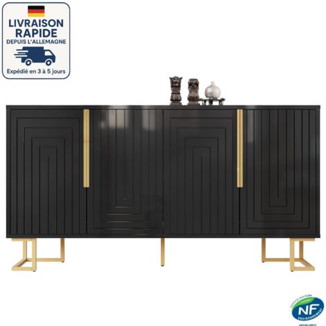 Credenza moderna - 4 ante - 152 x 40 x 75 cm - Presenta un design geometrico unico con maniglie e gambe dorate - MDF - Legno certificato PEFC - Nero