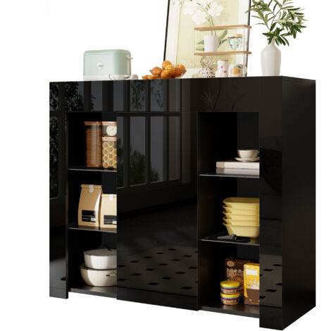 Credenza Moderna 95x35x83 cm, Compatta con Ripiani in Vetro, Anta e Frontale Nero Lucido, per Soggiorno, Sala o Cucina