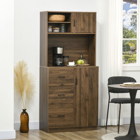 Credenza Moderna con 3 Cassetti e Armadietti, Mobile Dispensa per Cucina e Soggiorno in Legno, 80x40x178cm, Noce