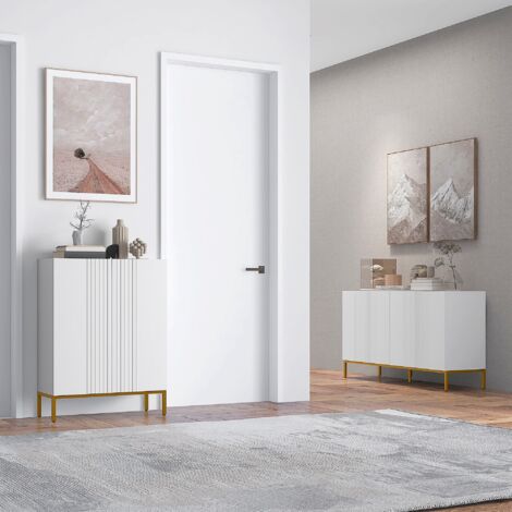 Credenza Moderna con 4 Ante e Mensole Regolabili, Mobile da Salotto e Soggiorno con Chiusura Ammortizzata, Bianco e Oro