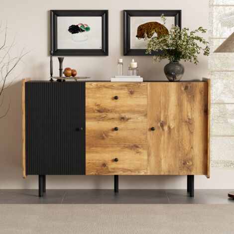 Credenza moderna rustica in legno e nero, cassettiera con 2 ante e 3 cassetti, 120 x 40 x 75 cm