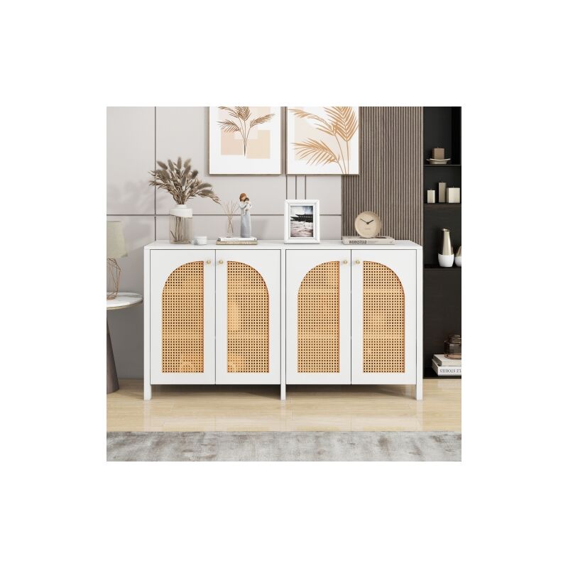 Image of Jn.songs - Credenza Moderna, Sideboard 4 Ante in Rattan, Maniglia in Metallo Semplice, Cassettiera per Sala da Pranzo, Soggiorno, Cucina - Bianco