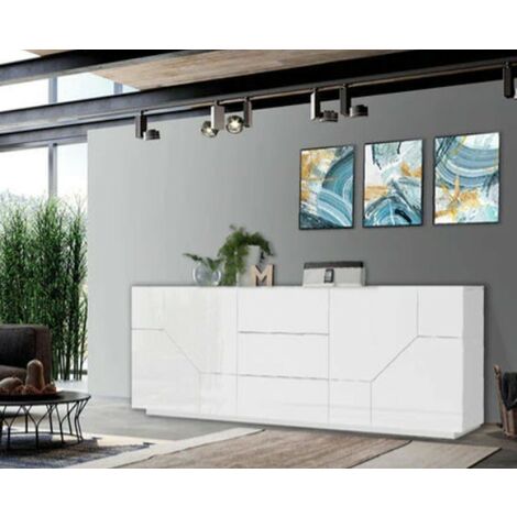 Credenza moderno bianco lucido, 4 ante, 3 cassetti - Alien