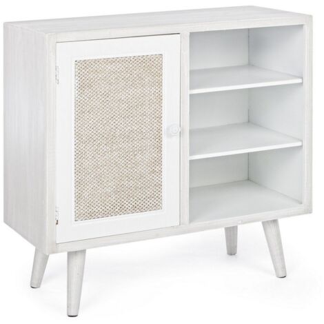 Credenza "Montiel" in legno MDF, con anta frontale rivestito in tessuto, finitura con vernice a base d'acqua, stile rustico -2 Ante