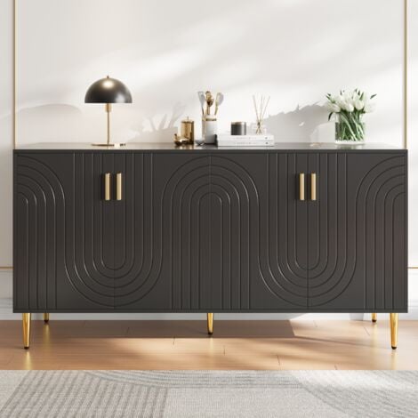 REDOM Credenza nera (152 x 40 x 75 cm) con un design ondulato unico e maniglie e gambe dorate, che crea un'elegante sala da pranzo