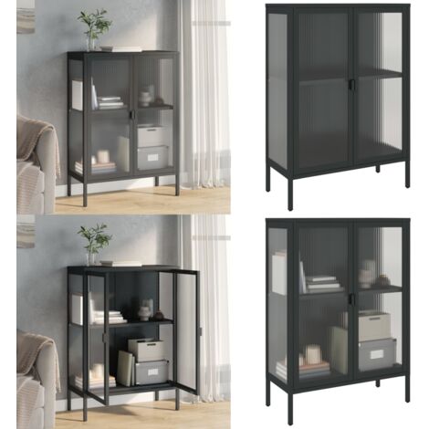 Credenza Nera 75x35x105 cm Vetro e Acciaio - Credenza moderna - Credenza nera