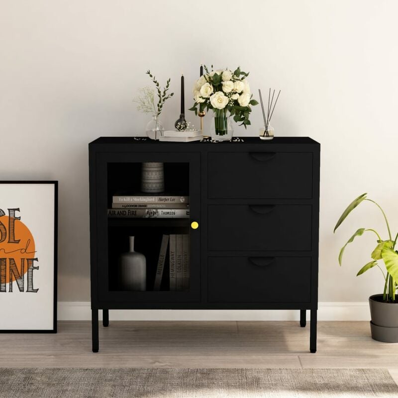 Torana - Credenza Nera 75x35x70 cm in Acciaio e Vetro Temperato