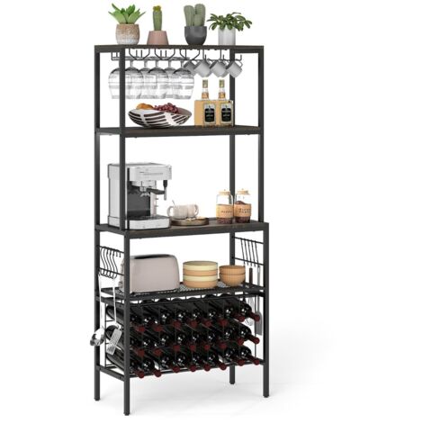 Credenza Scaffale multi-livello con portabicchieri e porta tazze per microonde per cucina, Organizer per vini con presa di corrente Marrone
