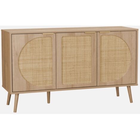 Credenza scandinava con decoro in legno e canna, 120cm