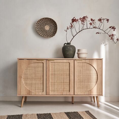 SWEEEK Credenza scandinava con decoro in legno e canna, 120cm