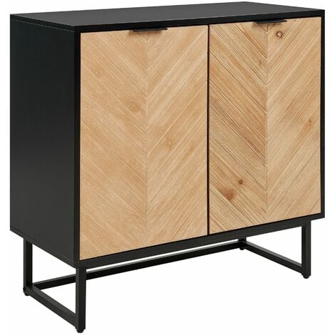 Credenza scandinava in legno MDF impiallacciato a 2 ante con ripiani per la camera da letto Soluzione di archiviazione in nero e legno chiaro Alaska