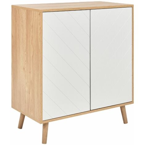 Credenza scandinava in MDF Truciolato impiallacciato legno a 2 ante con ripiani Soluzione di archiviazione per la camera da letto Bianco e legno chiaro Bristow