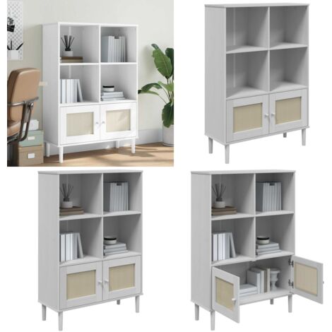 Credenza SENJA Aspetto Rattan Bianco 90x35x130 cm Massello Pino - Credenza in legno - Credenza con ante