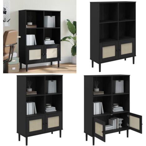 Credenza SENJA Aspetto Rattan Nero 90x35x130 cm Legno Pino - Credenza in legno - Credenza con ante