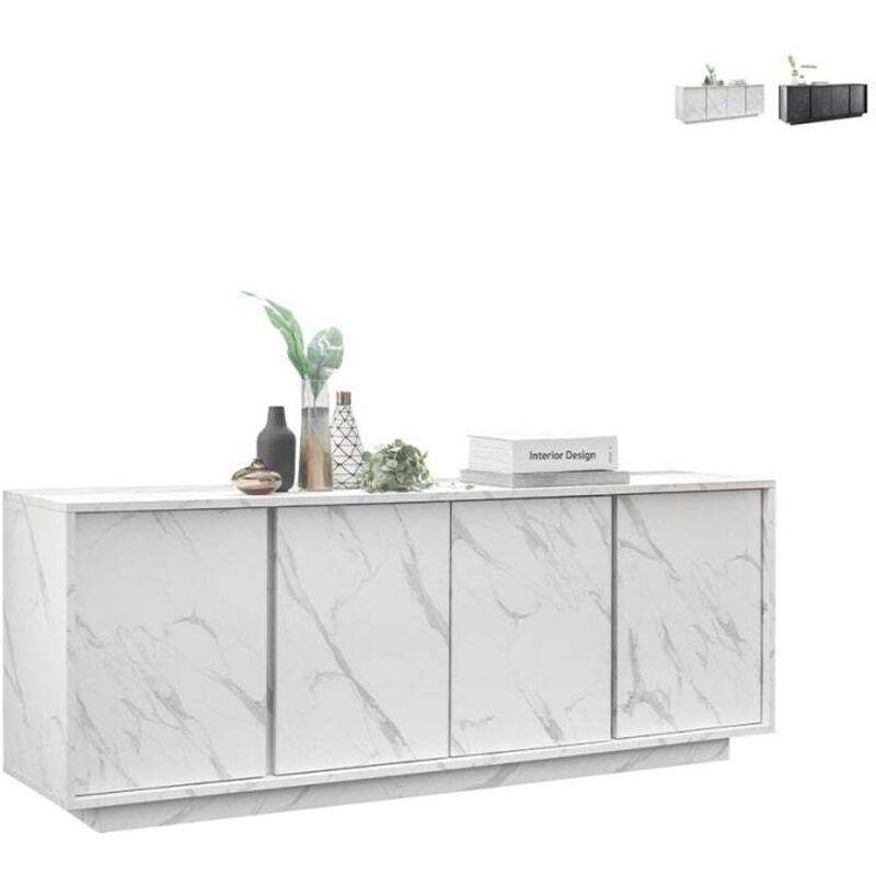 Les Tendances Moderne Design-kommode Mit 4 Türen In Marmoroptik 180x43x79cm Athens - Weiß