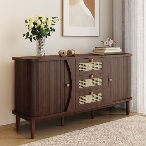 Credenza soggiorno, credenza in rattan con cassetti e ante scorrevoli, marrone