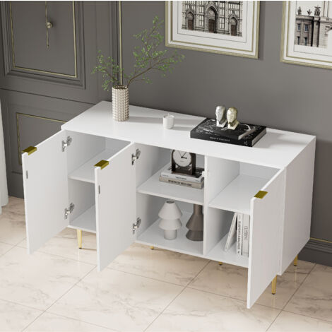 Credenza soggiorno, grande capacità di stoccaggio, multiuso, maniglie e gambe placcate oro, MDF e lamiera di acciaio, bianco-127x45x75cm