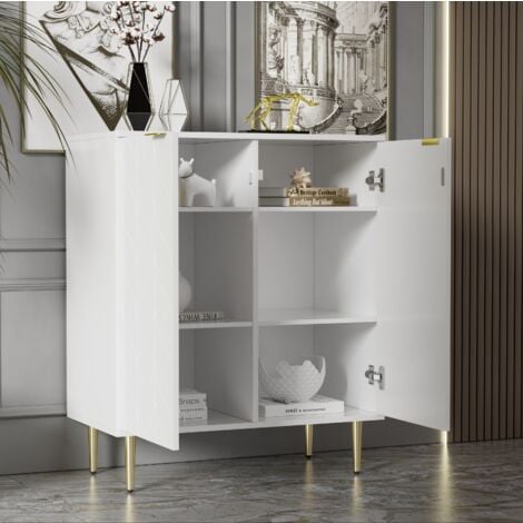 MODFU Credenza soggiorno, grande capacità di stoccaggio, multiuso, maniglie e gambe placcate oro, MDF e lamiera di acciaio, bianco-75x40x90cm