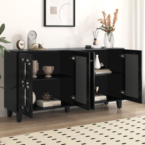 Credenza soggiorno, laminato sfoderabile, maniglie in cristallo, MDF, nero - 4 ante, 160x40x84cm