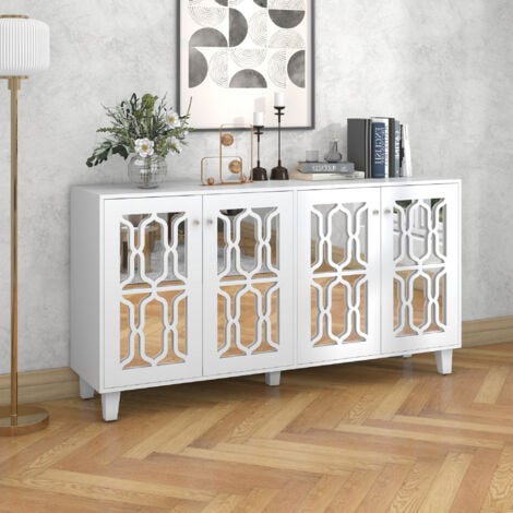 Credenza soggiorno, maniglie in cristallo, specchio, MDF, bianco, 4 ante, 160x40x84cm