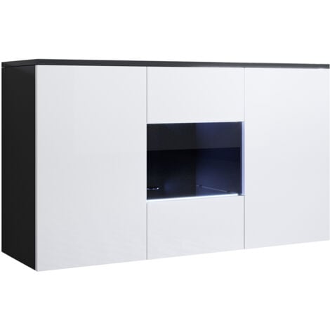 Credenza sospesa 2 ante  Luce LED  Madia Moderna  Mobile  Sala da Pranzo  120x70x40cm  Modello Luke A2  Nero e Bianco Finitura Lucida