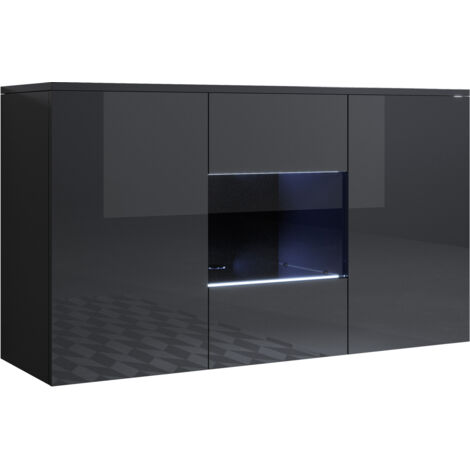 Credenza sospesa 2 ante  Luce LED  Madia Moderna  Mobile  Sala da Pranzo  120x70x40cm  Modello Luke A2  Nero Finitura Lucida