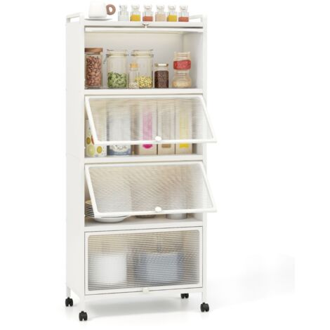 Credenza  Supporto mobile con porte PC a scomparsa, Armadio da cucina autoportante con 4 ruote girevoli 60x32x154cm Bianco