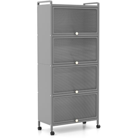 Credenza  Supporto mobile con porte PC a scomparsa, Armadio da cucina autoportante con 4 ruote girevoli 60x32x154cm Grigio