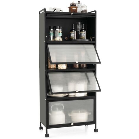 Credenza  Supporto mobile con porte PC a scomparsa, Armadio da cucina autoportante con 4 ruote girevoli 60x32x154cm Nero
