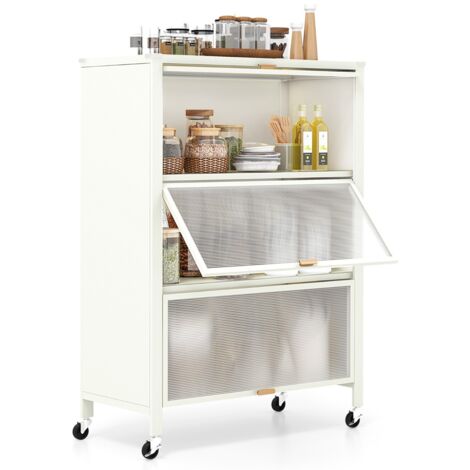 Credenza  Supporto per microonde in metallo su ruote bloccabili per snack, Mobiletto da cucina a 4 livelli con ante ribaltabili Bianco