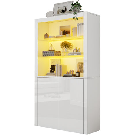 Credenza Vetrina 100x35x170 cm, Illuminazione 16 Colori con Telecomando, Sicurezza Anticaduta, MDF Bianco, per Soggiorno