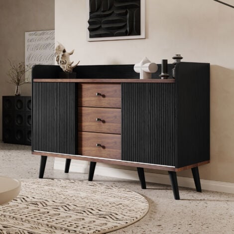 Credenza vintage con 3 cassetti, anta scorrevole, venature raffinate, ripiani portaoggetti, credenza per camera da letto e soggiorno, 117,5 L x 40 P x 80 A cm