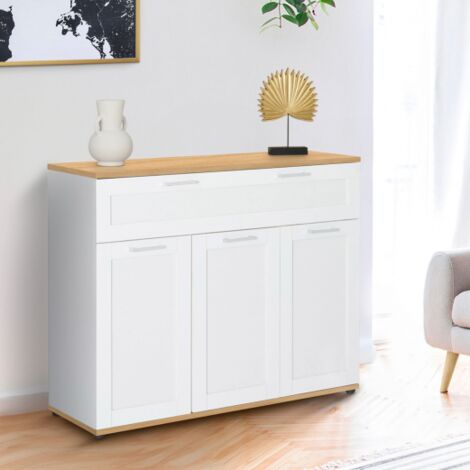 Credenza VITO 100 cm con 3 ante e 1 cassetto, bianco e piano in legno
