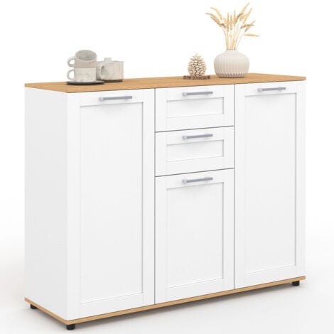 IDMARKET Credenza VITO 100 cm con 3 ante e 2 cassetti bianchi e piano in legno