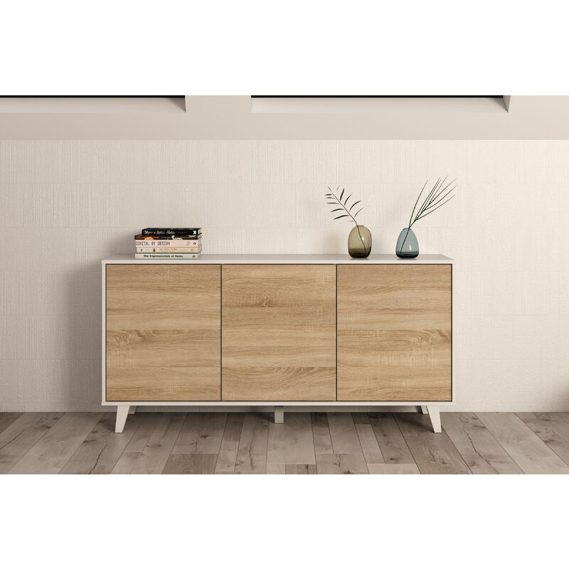 Credenza zaiken 3 ante bianco lucido e rovere canadian