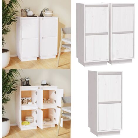 Credenze 2 pz Bianco 31,5x34x75 cm in Legno Massello di Pino - Credenze in legno - Credenze con ante