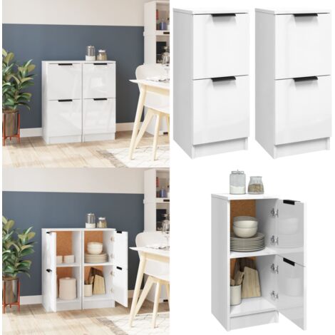 Credenze 2 pz Bianco Lucido 30x30x70 cm in Legno Multistrato - Credenze multifunzionali - Credenze per soggiorno