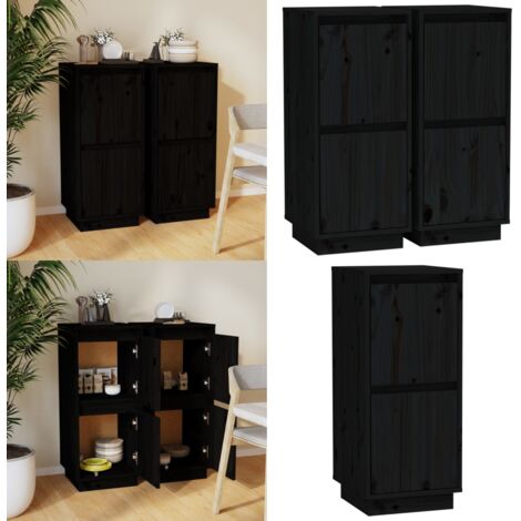 Credenze 2 pz Nero 31,5x34x75 cm in Legno Massello di Pino - Armadi in legno - Credenze nere