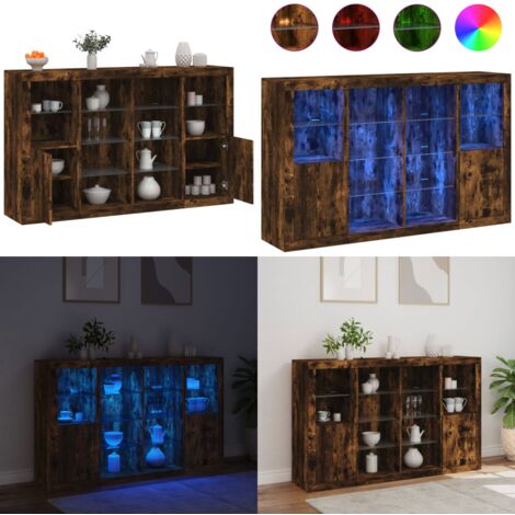 Credenze con Luci LED 3 pz Rovere Fumo in Legno Multistrato - Armadietti con luce RGB - Credenze in legno multistrato