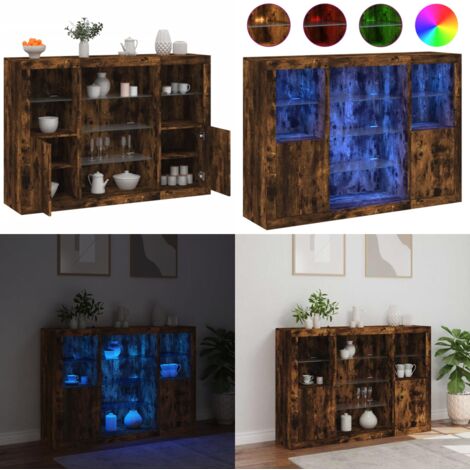 Credenze con Luci LED 3 pz Rovere Fumo in Legno Multistrato - Armadietti con luce RGB - Credenze in legno multistrato