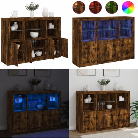 Credenze con Luci LED 3 pz Rovere Fumo in Legno Multistrato - Armadietti con luci RGB - Credenze in legno multistrato