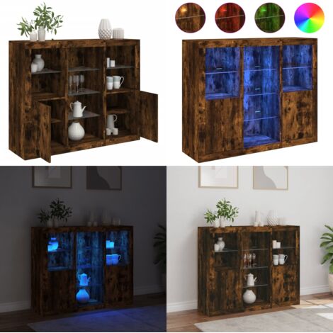 Credenze con Luci LED 3 pz Rovere Fumo in Legno Multistrato - Armadietti con luci RGB - Credenze in legno multistrato