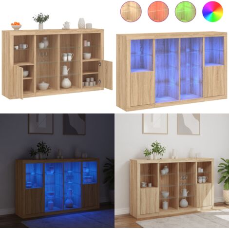 Credenze con Luci LED 3 pz Rovere Sonoma in Legno Multistrato - Armadietti con luce RGB - Credenze in legno multistrato